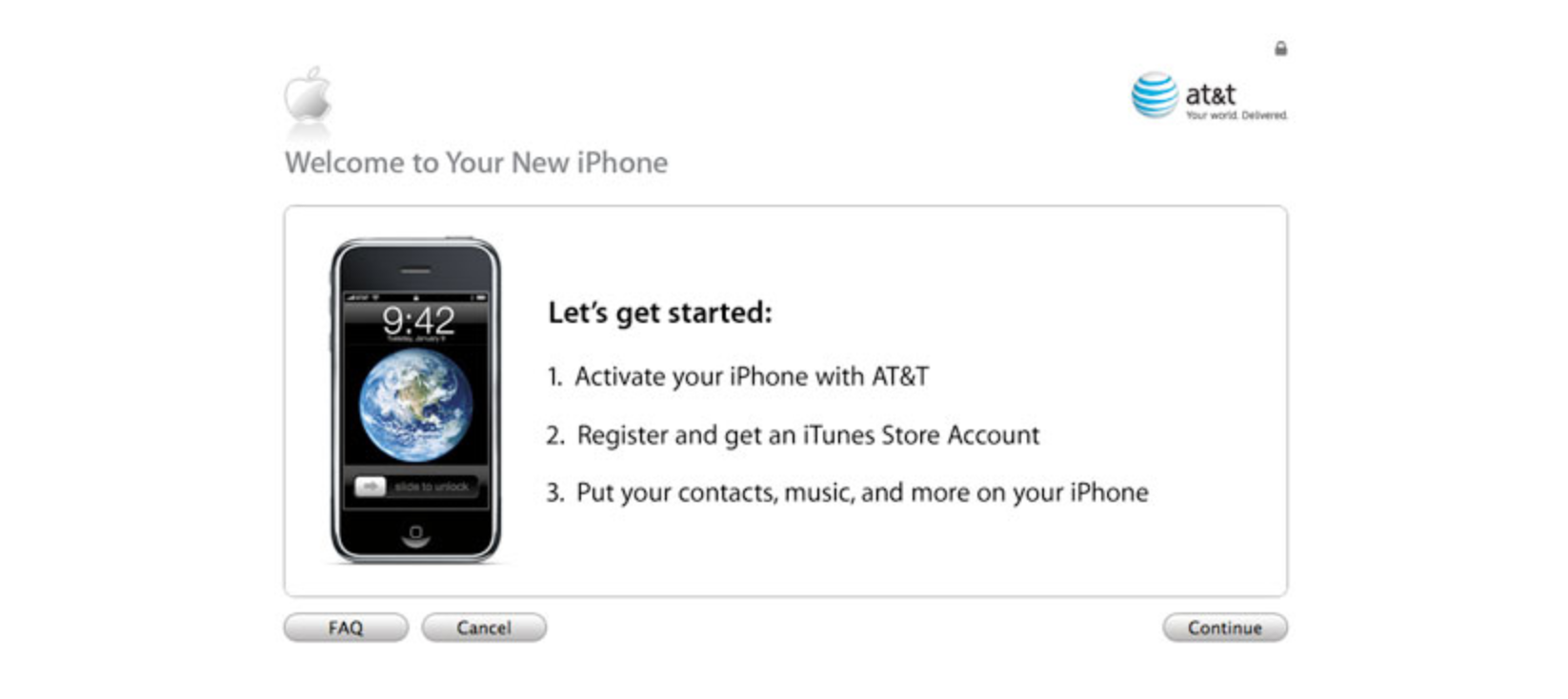 iPhone OS 1 setup after purchase from AT&T store in US (2007)